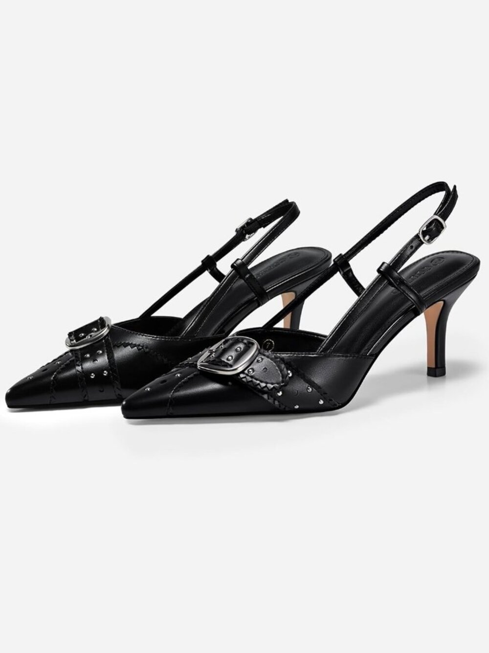 Coutgo Women's Black Close Pointed Toe Slingback Buckle Ankle Strap Heels Shoes - Picture 5 of 6